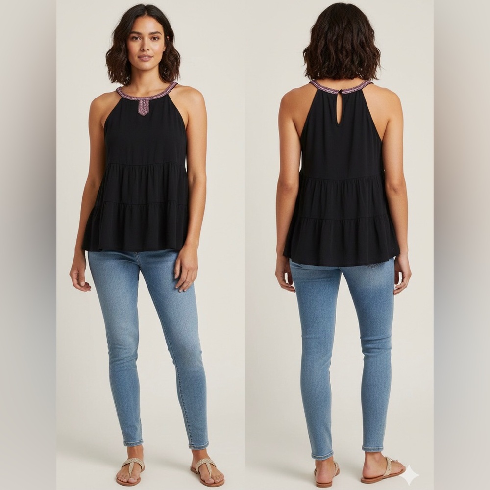 Torrid Plus Sz 2X Black Pink Embroidered Tiered Halter Tank Top Fall Windsorcore